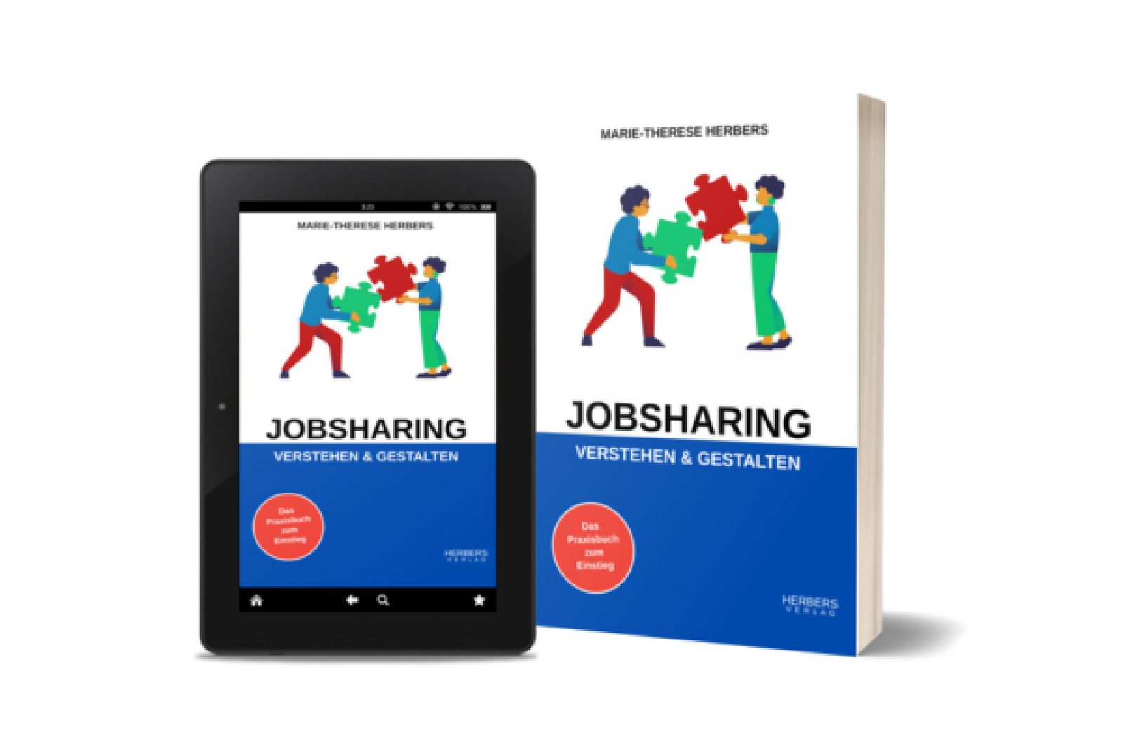 Buchcover „Jobsharing verstehen & gestalten“ von Marie-Therese Herbers – gedruckte Ausgabe neben der E-Book-Ansicht auf einem Tablet