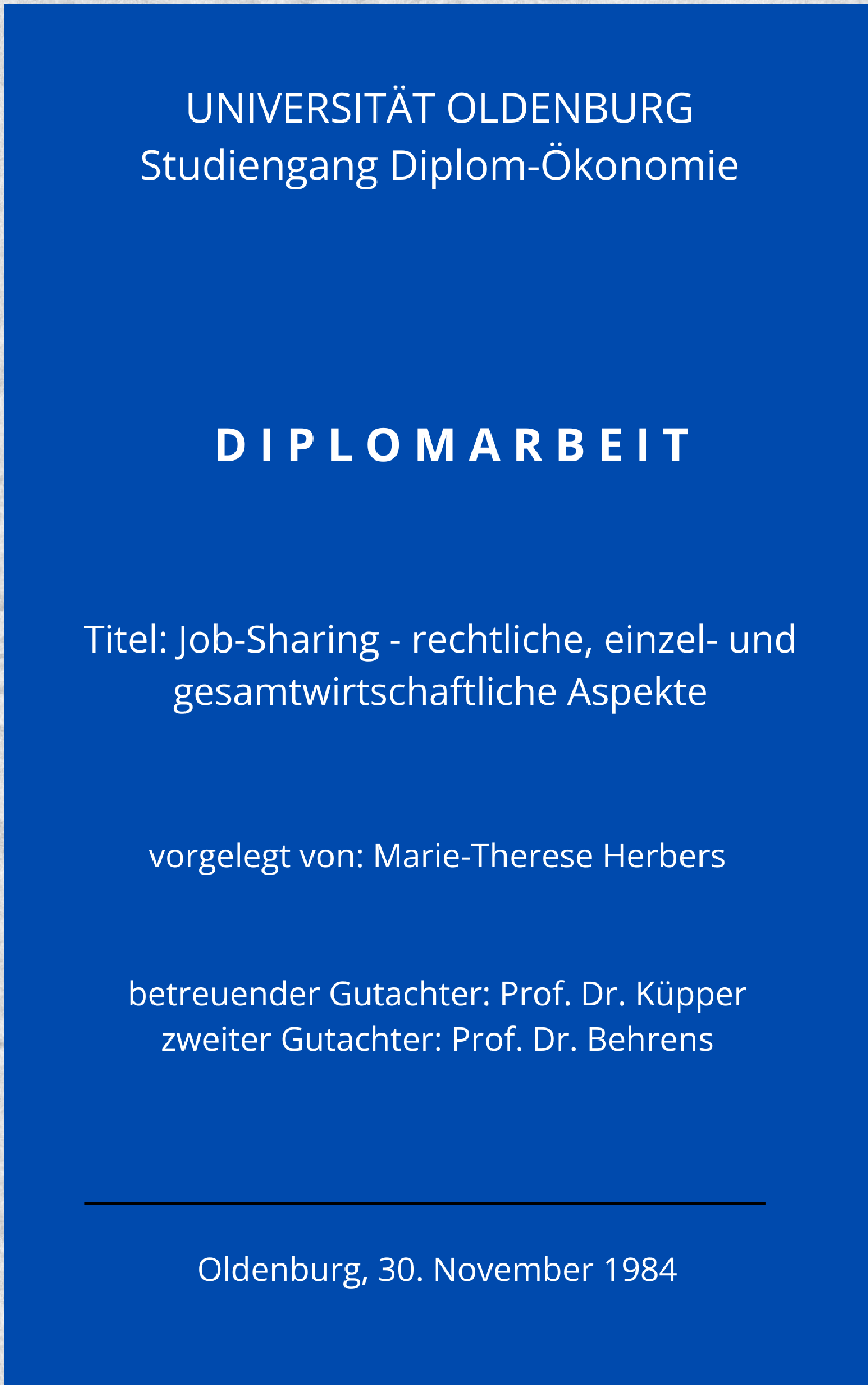 Deckblatt der Diplomarbeit, mit der Schreibmaschine getippt